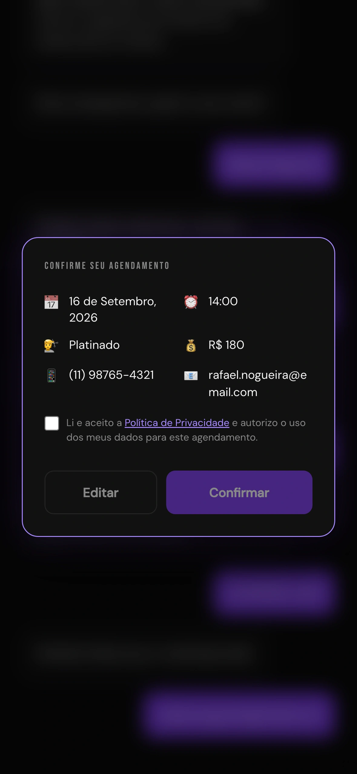 Tela de revisão do agendamento