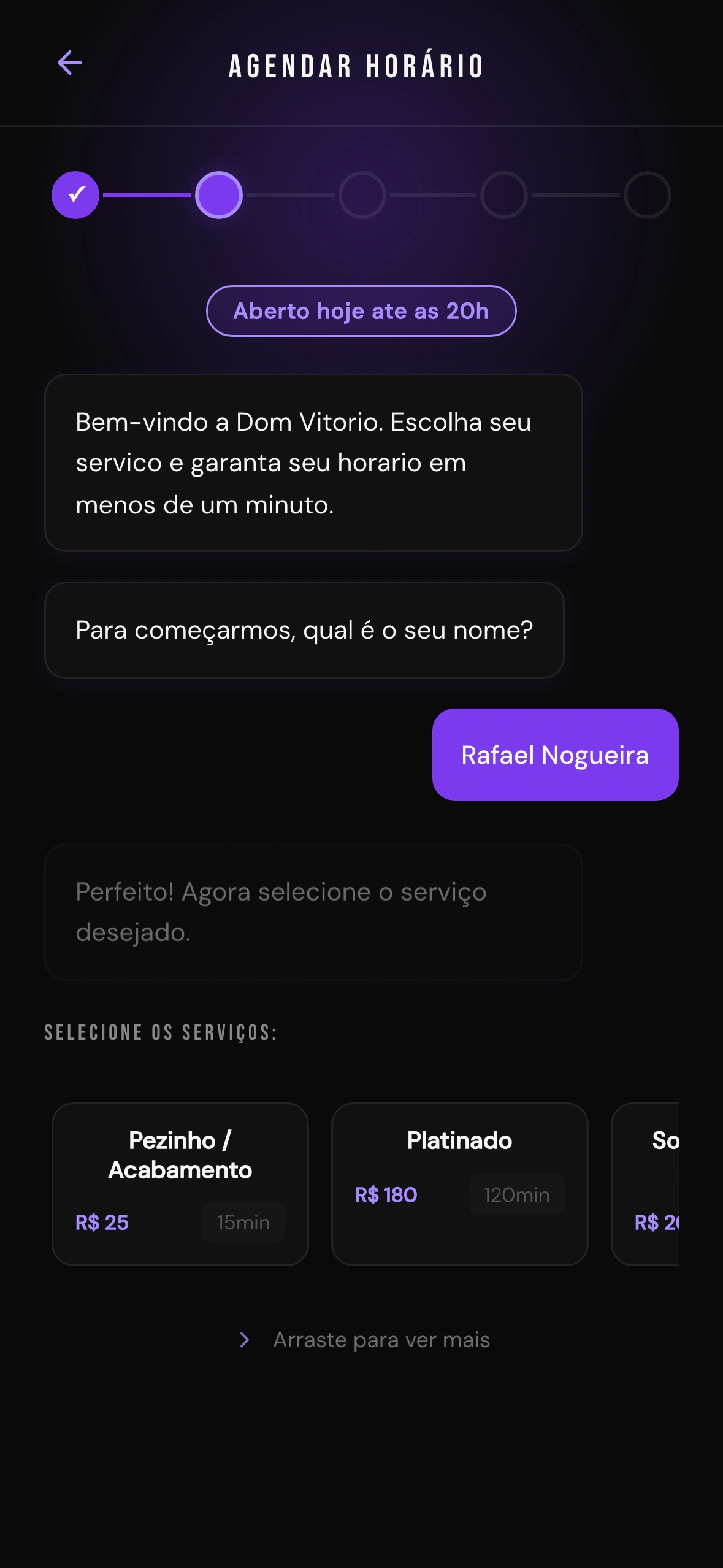 Tela de escolha do serviço no fluxo de agendamento
