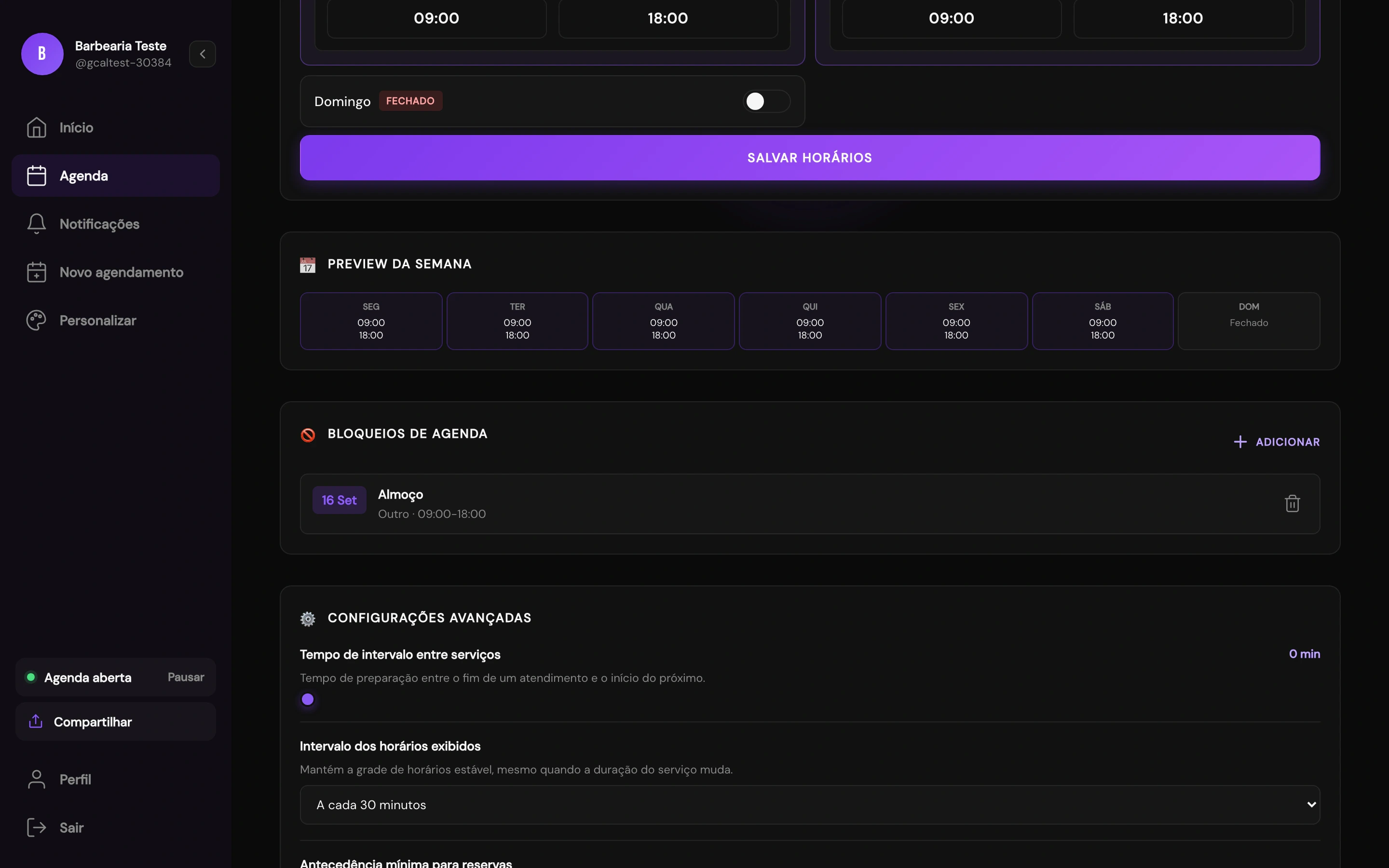 Painel de bloqueios de horário